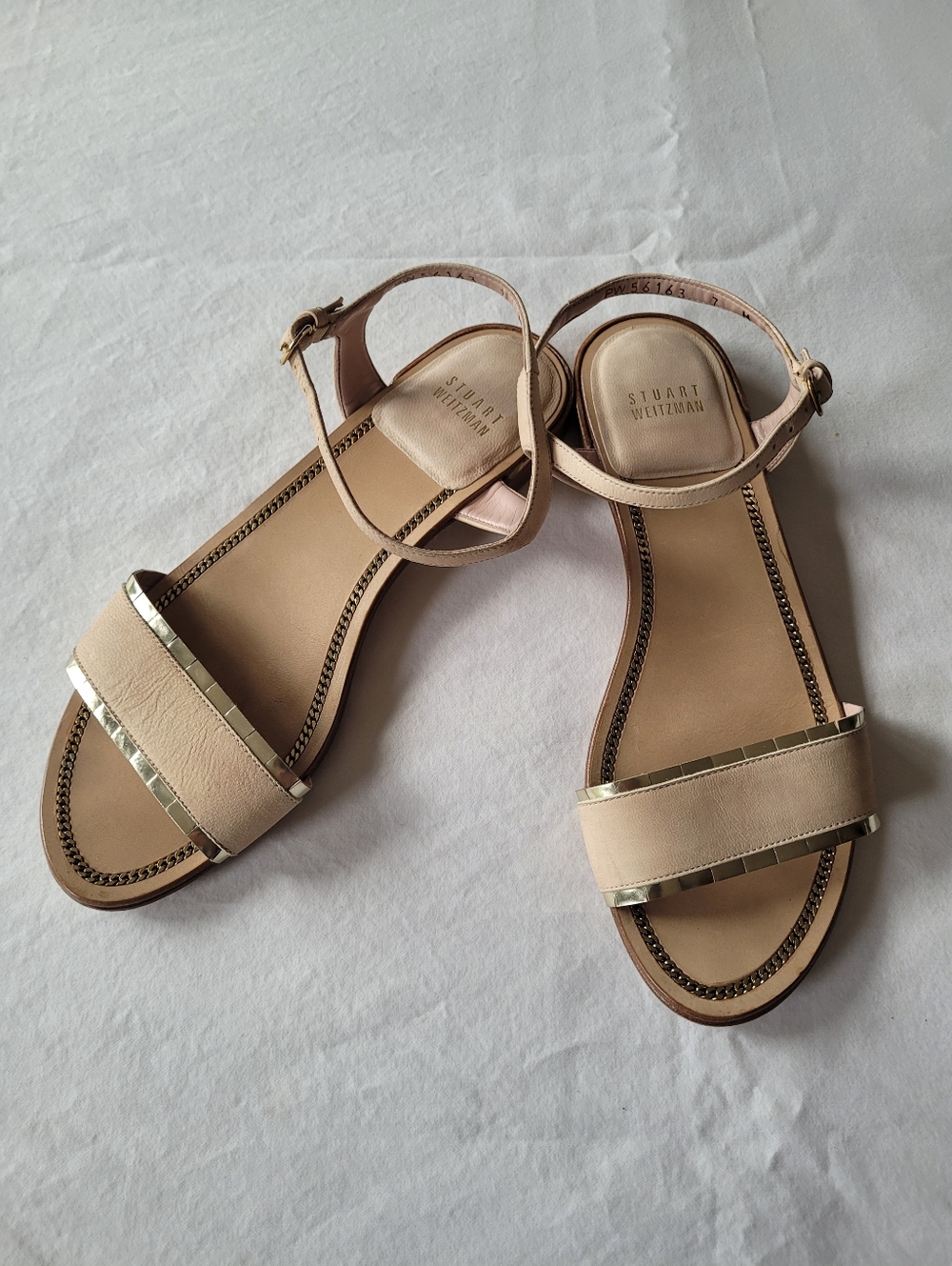 Stuart Weitzman Nude Beige Leather Ankle-Strap Sandals with Gold Trim Size  7 M
